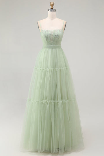 Green A Line Beaded Tulle Corset Long Prom Dress with Lace Up Back